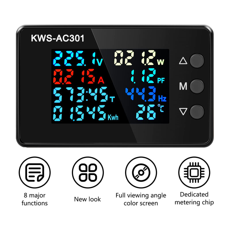 AC Voltmeter Ammeter 50-300V 0-100A Digital Multimeter 110V 220V LCD HD Display Current Voltmeter With Closed Current Transformer 8 In 1 Multifunction Electric Energy Meter Power Detector 100A with Closed Current Transformer