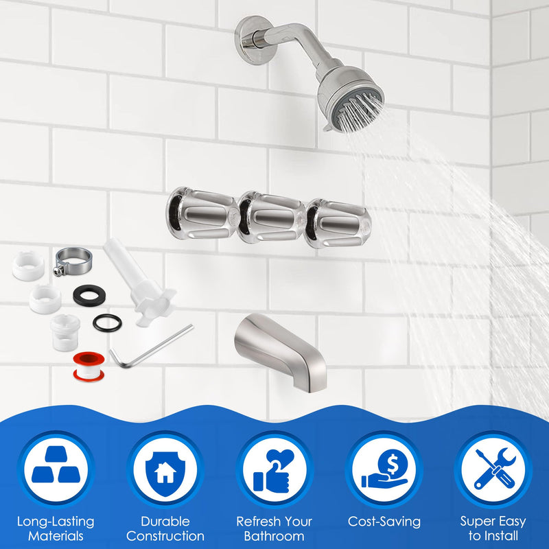 Enhon 3 Handle Shower Faucet Set Compatible with Pfister Verve Bath Tub Tool, Shower Knob and Bathtub Faucet Fits 1/2'', 3/4'' IPS Connection With 4 in 1 Spout Adapter Assembly Tool(Brushed Nickel) Brushed Nickel