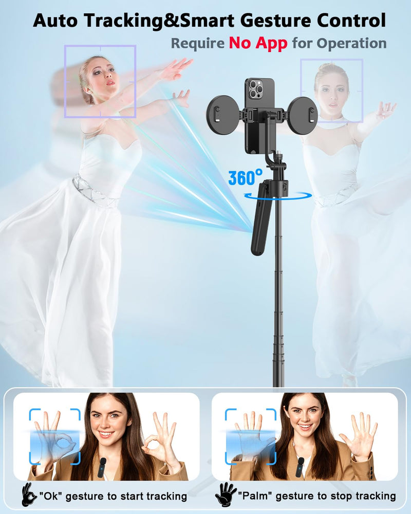 Vlogging Kit for iPhone/Android, 63”Auto Face Tracking Tripod for iPhone with Light, Wireless Microphones, Scrolling Remote Control for TikTok, Content Creator Kit for YouTube Starter Auto Face Tracking Tripod with Mic