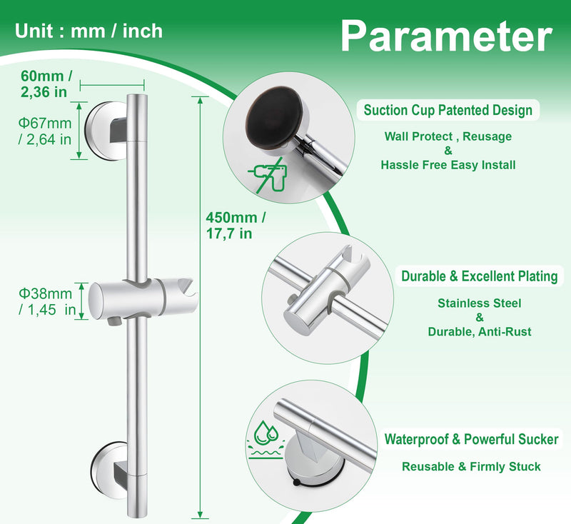 Upgraded 17.7 Inch Shower Slide Bar w/ Waterproof Suction Cup,SUS Metal Bar Heavy Duty, Removable & Adjustable Handheld Shower Head,Wall Mount Drill-Free Install No Tool,Bathroom Wall Protect Chrome Polish