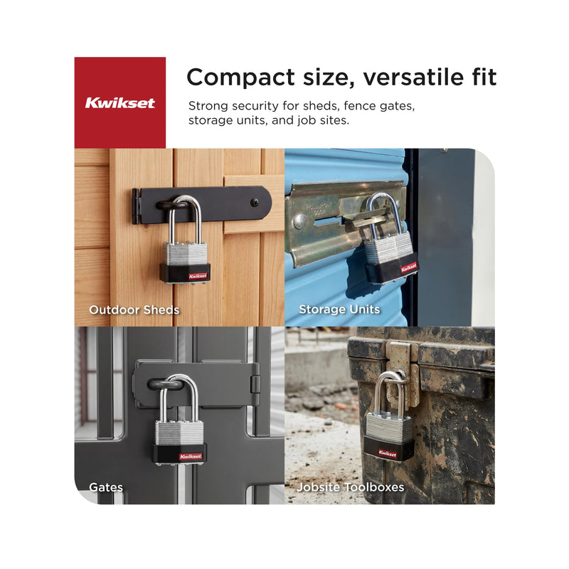 Kwikset Laminated Steel Padlock with Hardened Steel Shackle, Outdoor Gate and Fence Lock, 1-9/16 in Body, 1-1/2 in Shackle, 4 Pack Keyed Alike, Silver 1-1/2 " Shackle