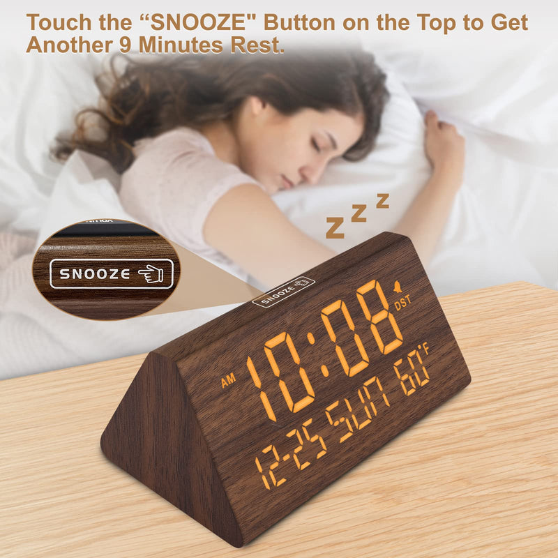 DreamSky Digital Alarm Clocks for Bedrooms - Wooden Desk Clock with Date, Day of Week, USB Port, Temperature, Dimmer for Bedside Table, Living Room, Office, Adjustable Volume, Auto DST, Wood Decor Brown - Date & Day