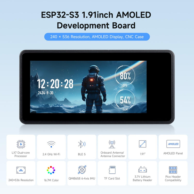 Waveshare ESP32-S3 1.91inch AMOLED Display Development Board, 240×536, 32-bit LX7 Dual-core Processor, Up to 240MHz Frequency, Accelerometer and Gyroscope Sensor, with Pre-Solder Header