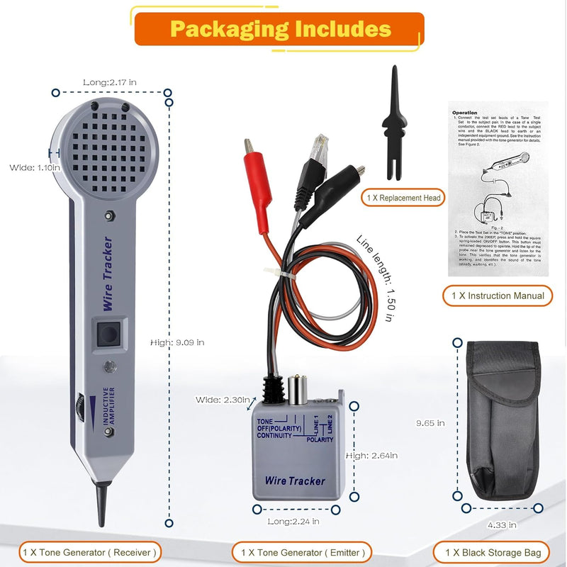Network Cable Tracing Tester Kit, Tracer Circuit Tester with Audible and Visual Indication, Tone Generator Kit Line Finder for Telephone, Coax, Trace Data, Security, Electrical Cables