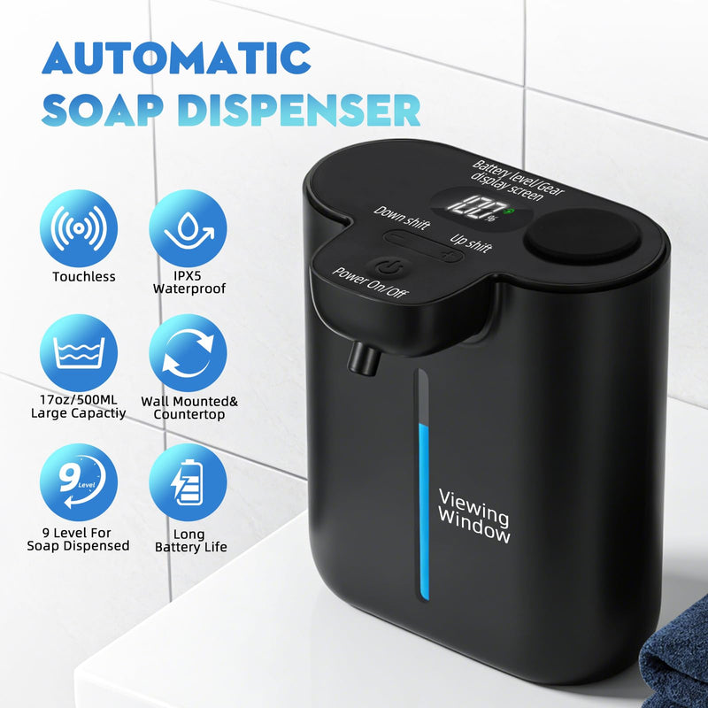  [AUSTRALIA] - Automatic Soap Dispenser Touchless, 9 Levels Soap Dispenser Wall Mount, 16.9oz/500ml Automatic Hand Soap Dispenser for Bathroom, Plastic Electric Dish Soap Dispensers for Kitchen, Black
