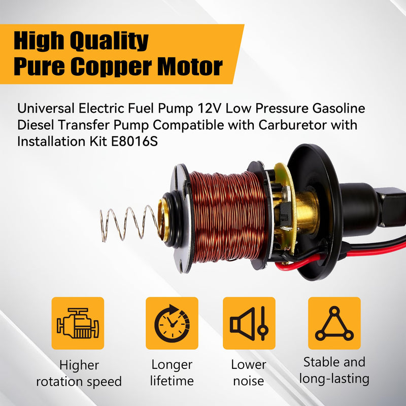 Universal Electric Fuel Pump 12V 2.5-4.5 PSI Inline External 5/16 Inch Compatiable with Gas Diesel Marine Carburetor Marine E8016S E8016S 2.5-4.5 PSI