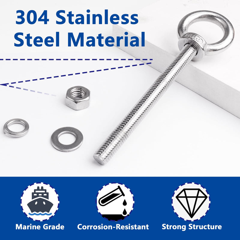 10 Pack M10 x 100mm Threaded Eyebolts with Nuts Washers,Stainless Steel Marine Grade Shoulder Eye Bolt,Eyebolts for DIY, Furniture,Swing, and Outdoor Use (M10 x 100mm)