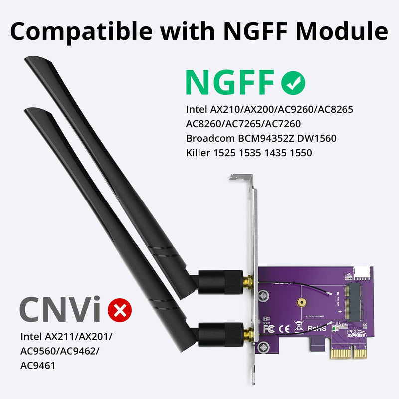 PCIe x1 to M.2 WiFi Bluetooth Adapter Card - Supports A+E Key NGFF Modules, Dual-Band 2.4GHz/5GHz with 2X 5dBi Antennas | Desktop Wireless Upgrade Solution