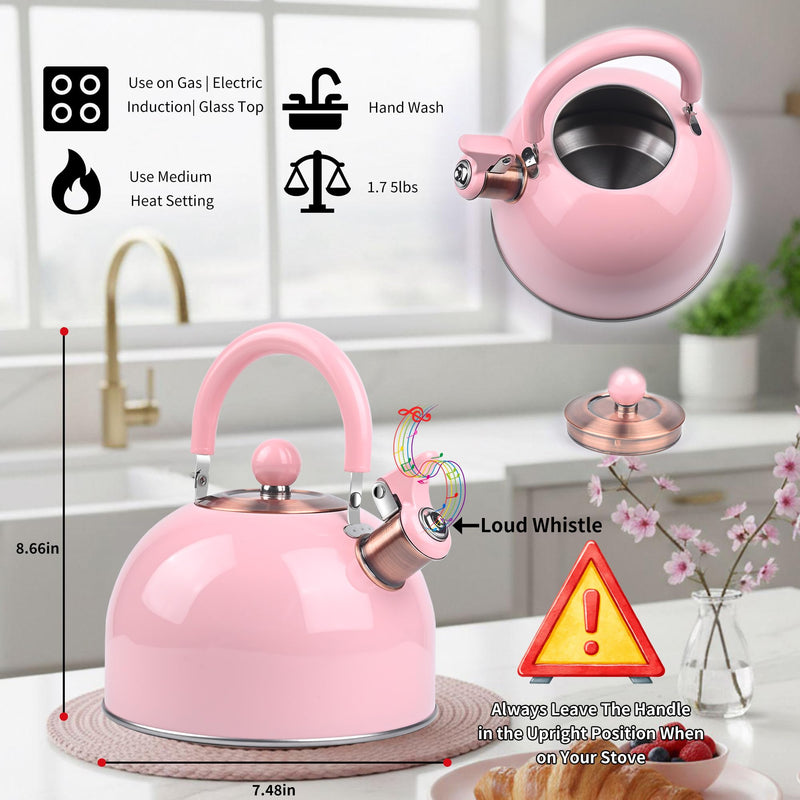 2.6 Quart Pink Whistling Tea Kettle for Stovetop, Stainless Steel Teapot with Cool-Touch Handle, Loud Whistle, Wide Base, Induction Compatible for Gas Electric Glass Cooktops