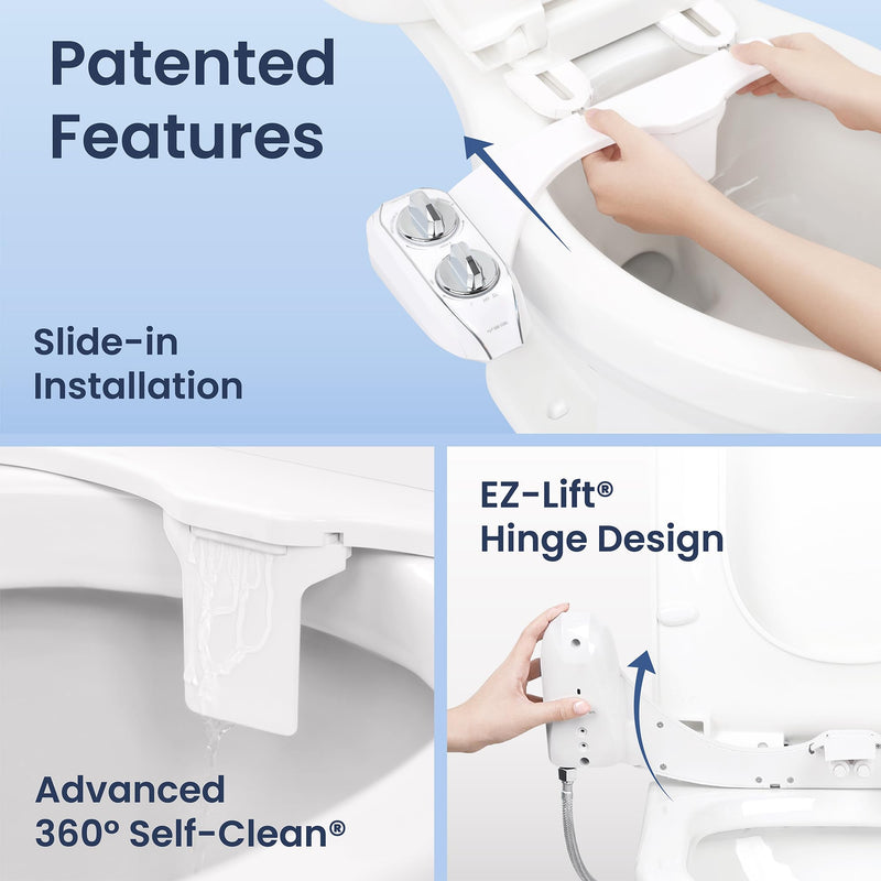 LUXE Bidet NEO 185 Plus - Dual Nozzle, Non-Electric Bidet Attachment for Toilet Seat, Patented Slide-In Install, 360° Self-Clean, EZ-Lift to Clean, Feminine & Rear Wash (White) White