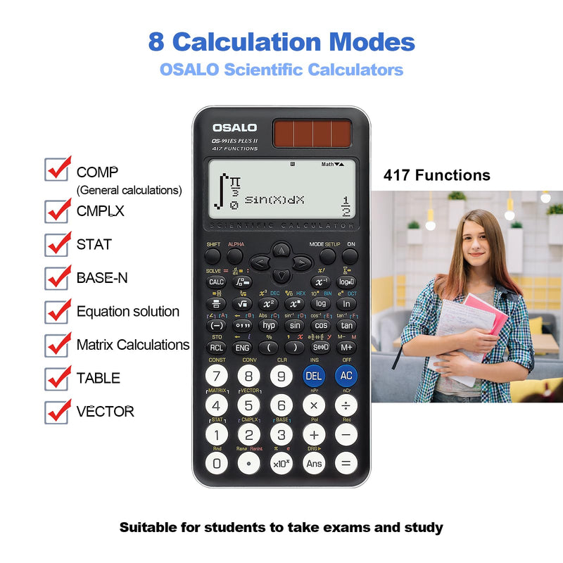 OSALO Scientific Calculator 417 Function 2 Line Desktop Calculators VAT Tax Function Large Display Big Buttons Solar and Battery