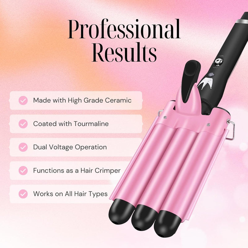 [AUSTRALIA] - 3 Barrel Hair Waver - 25MM Pink Hair Curling Iron with Dual Heat Settings & Temperature Control - Electric Crimper Wand for Big Waves & Curls