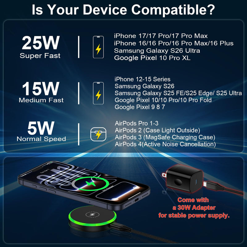 for Magsafe Charger Samsung S26 Magnetic Charger Wireless Fast Charging Pad | 25W Magnet Wireless Charger and 30W Adapter Fast Chaging for Samsung Galaxy Z Flip8 7 Fold 8 Ultra S26 Plus S25 FE S25 Ultra Black-W
