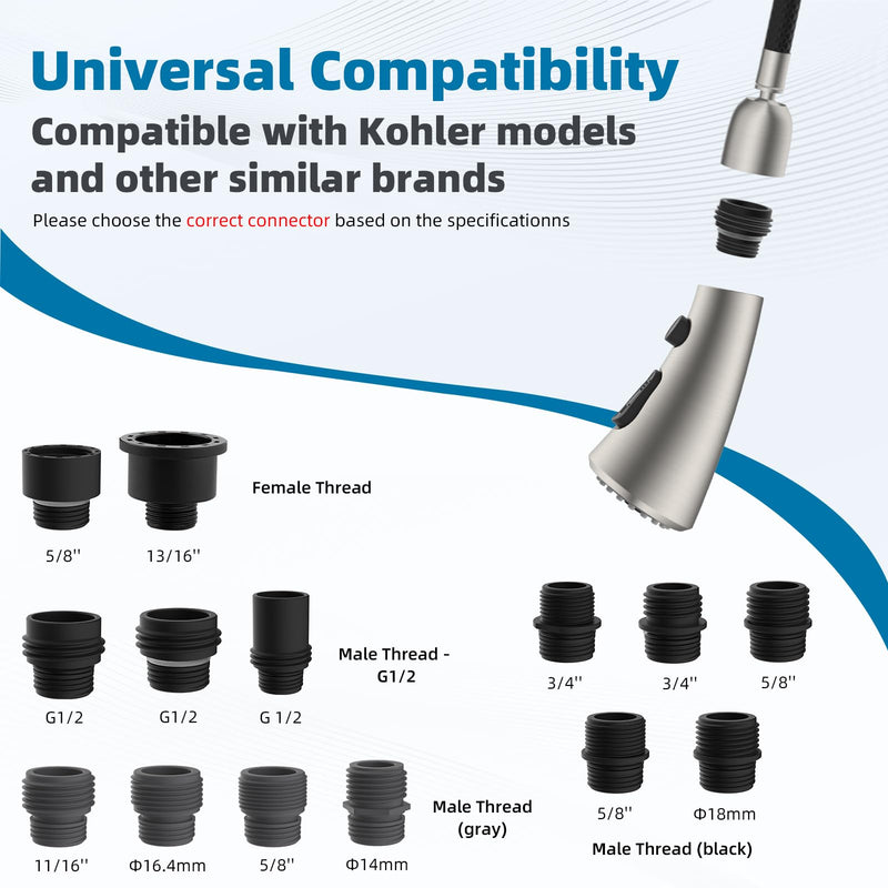 Hibbent Curved Pull Down Kitchen Faucet Head Replacement, 3-Function Kitchen Sink Spray Nozzle with 14 Adapters, Anti-Splash, Compatible with Kohler Bent Faucets, Brushed Nickel Curved Spray Head