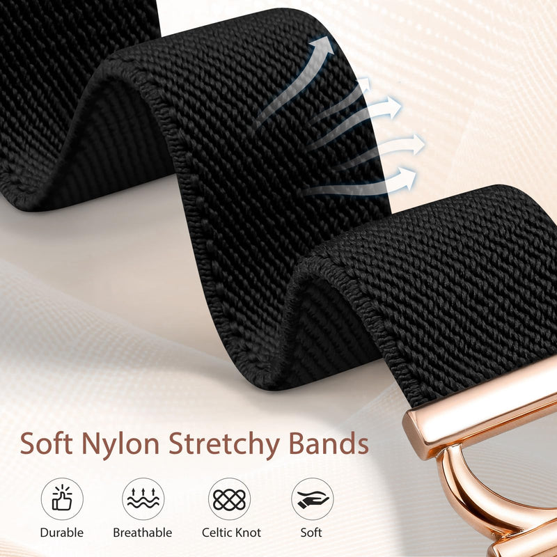 Stretchy Magnetic Band Compatible with Apple Watch Bands 38/40/41/42/44/45/46/49mm Women, Elastic Nylon Dressy Designer C-Shape Metal Strap for iWatch Series 11 10 9 8 7 6 5 4 SE/Ultra 3 2 1 Black/Rose Gold 38/40/41/42mm(Series 11/10)