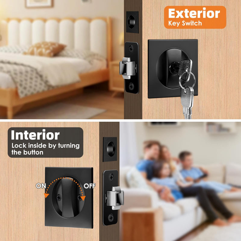 Pocket Door Lock, Pocket Door Lock with Key, Pocket Door Hardware, Matte Black Pocket Door Hardware,Pocket Door Edge Pull kit, Square Design(Black)