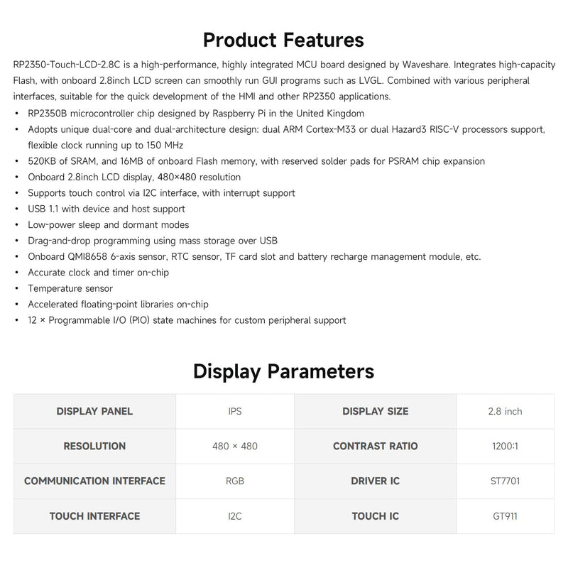 Waveshare RP2350 2.8inch Round Display Development Board, 480×480, Based On The Raspberry Pi RP2350B Dual-core & Dual-Architecture Microcontroller, RGB Interface