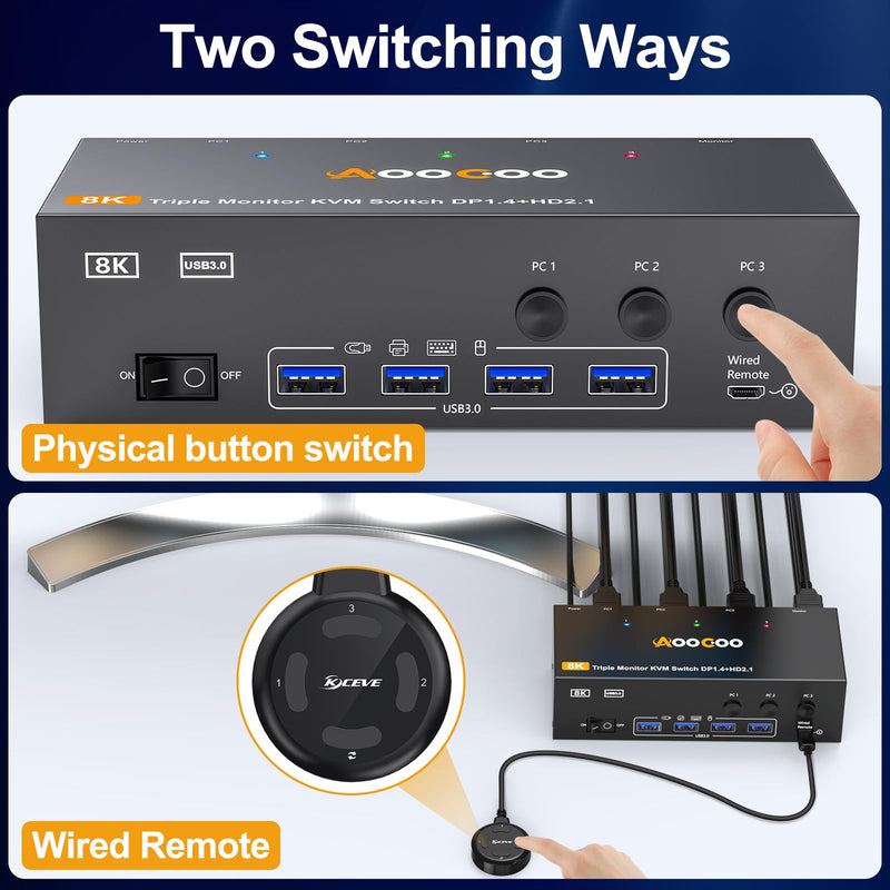 8K@60Hz HDMI2.1 Displayport KVM Switch 3 Monitors 3 Computers 4K@144Hz Triple Monitor KVM Switches with USB 3.0 Port,Wired Remote,Power Adapter and USB3.0 Cables(3 PC 3 Monitor 8K DP HDMI2.1 KVM) 3 PC 3 Monitor 8K DP HDMI2.1 KVM