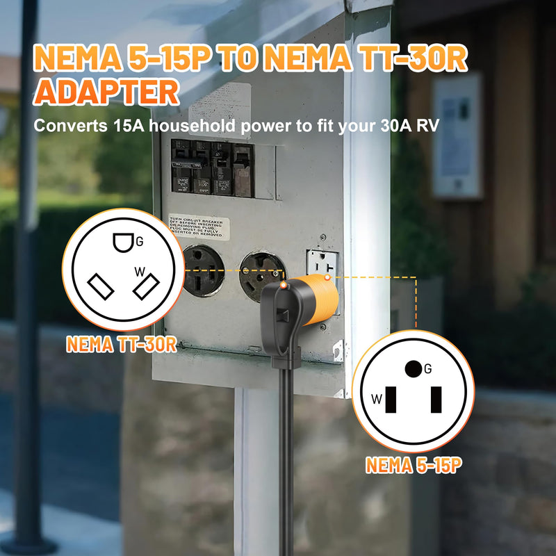 MECMO 30 Amp to 110 Volt RV Adapter, NEMA 5-15P to TT-30R Electrical Power 30 Amp to 15 Amp 110 Adaptor, 15A Household Male to 30A RV Female Converter Plug for RV Camper Caravan Van Travel Trailer