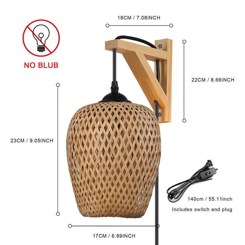 Plug in Bamboo Wall Sconces, Industrial Hand-Woven Rattan Lampshade Hanging Wall Light Fixture with Wood Base, Farmhouse Wall Mounted Lamp for Kitchen Island, Living Room, Bedroom Rattan Lampshade Wall Light