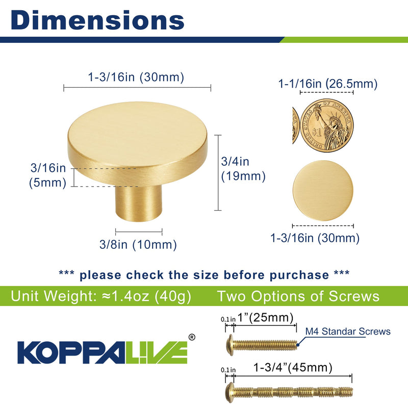 10-Pack Gold Kitchen Cabinet Knobs, Solid Brass Knobs for Dresser Drawer, Round Minimalist Bathroom Cabinet Pulls, Modern Furniture Hardware, Brushed Finish, Diameter 1-3/16 Inch 10 Matte Brushed Brass