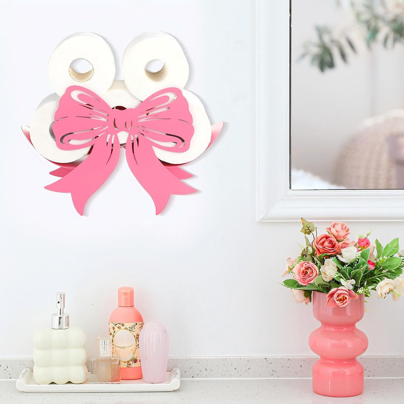 Geelin Pink Bow Bathroom Decor Pink Toilet Paper Holder Metal Paper Storage Wedding Bow Bathroom Decor 8 Rolls Toilet Tissue Holder Wall Mounted for Restroom Bedroom Coquette Home Decoration