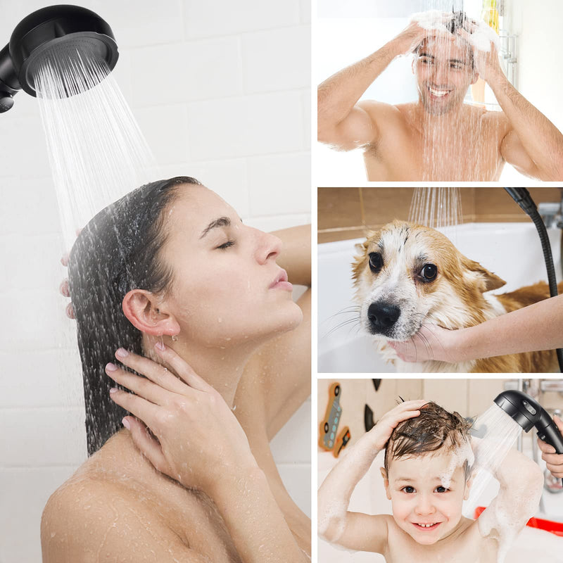 HANLIAN High Pressure Shower Head with Pause Button, 3 Spray Modes Shower Head for RV Camper, Water Saving On Off Shower, Handheld Shower Head with Hose and Adjustable Self-adhesive Holder (Black) Black