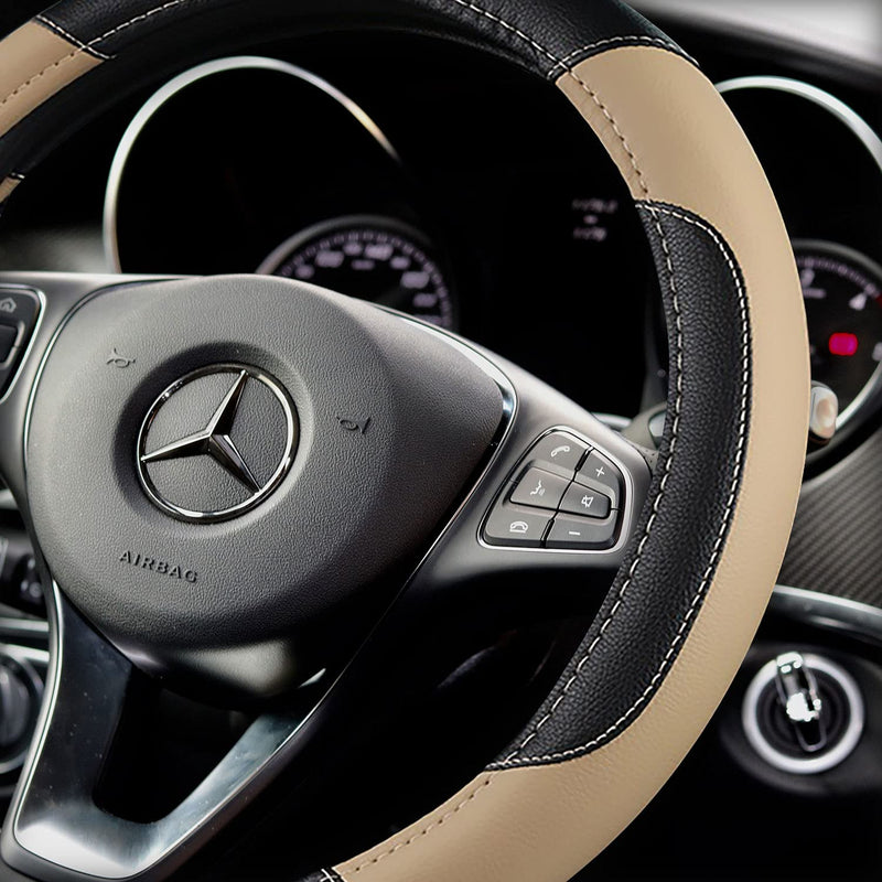 Leather Car Steering Wheel Cover, Non-Slip Car Wheel Cover Protector Breathable Microfiber Leather Universal Fit for Most Cars(Beige) Beige