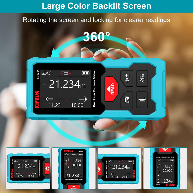 Kiprim 393ft Dual Laser Distance Measuring Tool LD120S, 120m Total Range, Electronic Level, Precise Measurements, and Pythagorean Function - Ideal for Construction, DIY, and Home Renovation 393ft(Dual Laser)