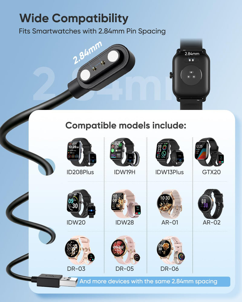 Smart Watch Charger, Fast Magnetic USB Charging Cable with Overcharge Protection, Replacement Cord Compatible with ID208PLUS GTX20 IDW13PLUS IDW19H IDW20 IDW28, AR-01/02, DR-03/05/06, 1.65ft