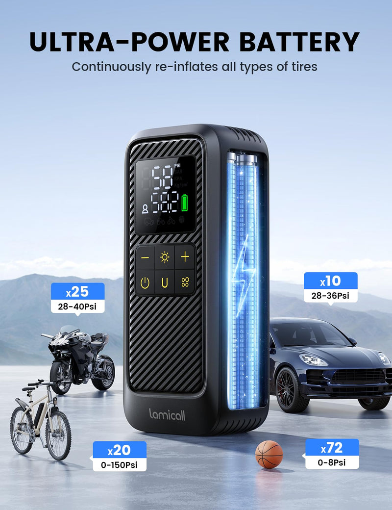Car Tire Inflator Portable Air Compressor - Lamicall [5X Faster][150 PSI] Air Pump with Rechargeable Battery for Car, Motorcycle, Bike, ATV,MTV, Scooter, Ball Black