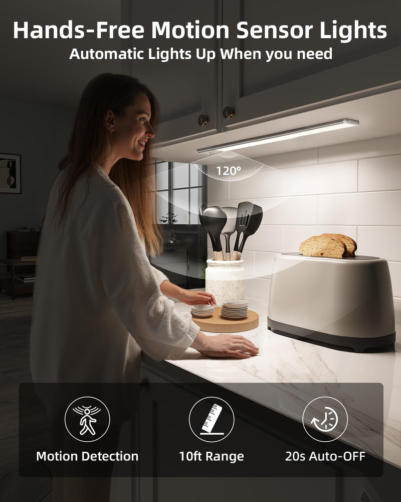 EZVALO 134 LED Under Cabinet Lights, 3200mAh Rechargeable Motion Sensor Light Indoor, Dimmable Magnetic Closet Lights with 3 Color Temps, Wireless Under Counter Lights for Kitchen, Stair (2 Pack) 14.5 inch Silver