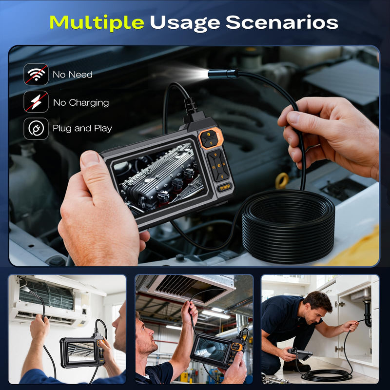 Endoscope Borescope Camera with Light, 4.3" IPS 1920P HD Inspection Camera, 50FT Semi-Rigid Snake Cable, IP67 Waterproof (7.9mm Probe) with 8 Adjustable LEDs for Sewer, Automotive Engine, Pipe, HVAC 50FT Single Lens