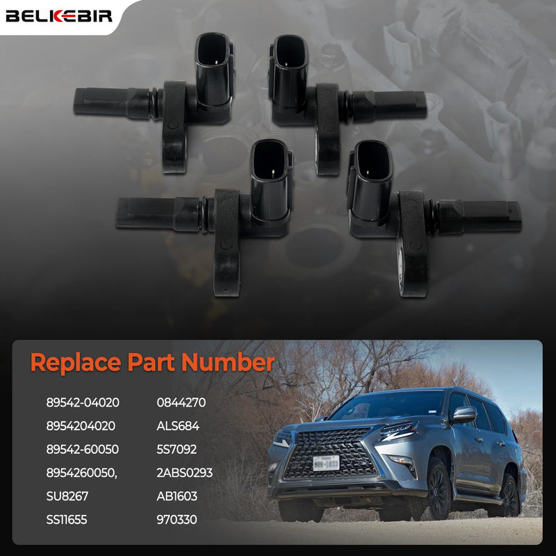 4PCS ABS Wheel Speed Sensor Compatible with Toyota Tacoma 05-14, 4Runner 03-15, FJ Cruiser 07-14, Land Cruiser 08-15, Lexus GX460 10-15, GX470 03-09, LX570 08-15, LX600 Replace 89542-04020 89542-60050