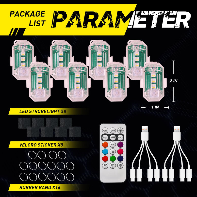 8Pcs Wireless LED Strobe Lights with Remote Control, RGB Led Aircraft Strobe Lights High Brightness 8 Colors Waterproof Anti-Collision Night Warning Lighting for Car Motorcycle RC Aircraft Bike