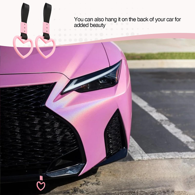 2PCS Heart Shaped Car Handle Straps, Rear Bumper Warning Keychain Ring with Drift Charm for Car Exterior Interior Accessories (Pink) Pink