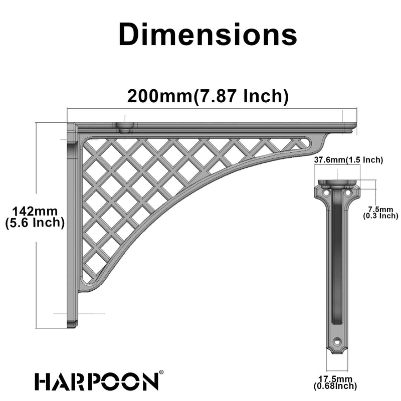 HARPOON 2 Pack Heavy Duty Cast Iron Victorian Shelf Bracket, 8 Inches Gold Baroque L-Shaped Shelf Brackets, DIY Projects, Hardware Included 8 Inch