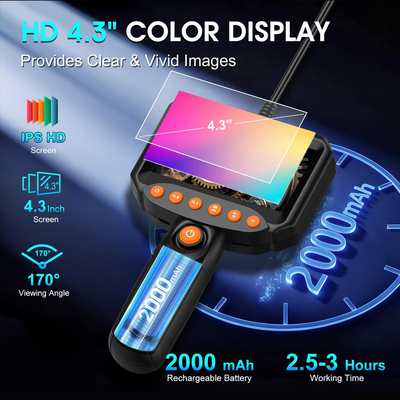 Dual Lens Endoscope Camera with Light, 1920P HD Industrial Borescope with 4.3" LCD, IP67 Waterproof Inspection Camera, 16.4FT Semi-Rigid Cable, 8 LED Lights 32GB Card, for Sewer Pipe Car Repair(Black) black