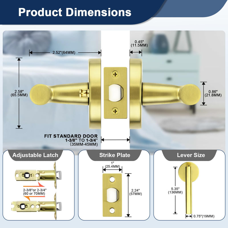 Orger 1 Pack Gold Door Handle Interior, Privacy Brushed Gold Door Lever with Lock, 304 Satinless Steels Keyless Door Handle for Bedroom and Bathroom, Reversible for Right & Left