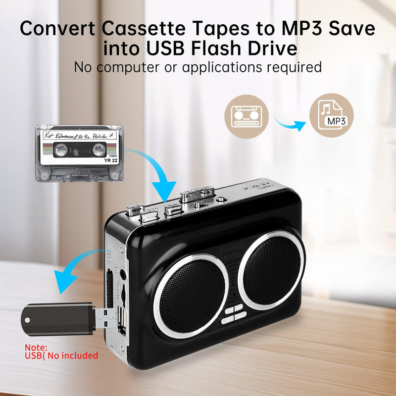 Cassette Player Recorder, Portable Cassette Tape Player with Built-in Dual Speakers, Auto Reverse, Cassette to MP3 Converter,Rewind Stereo Cassette（Black） Black