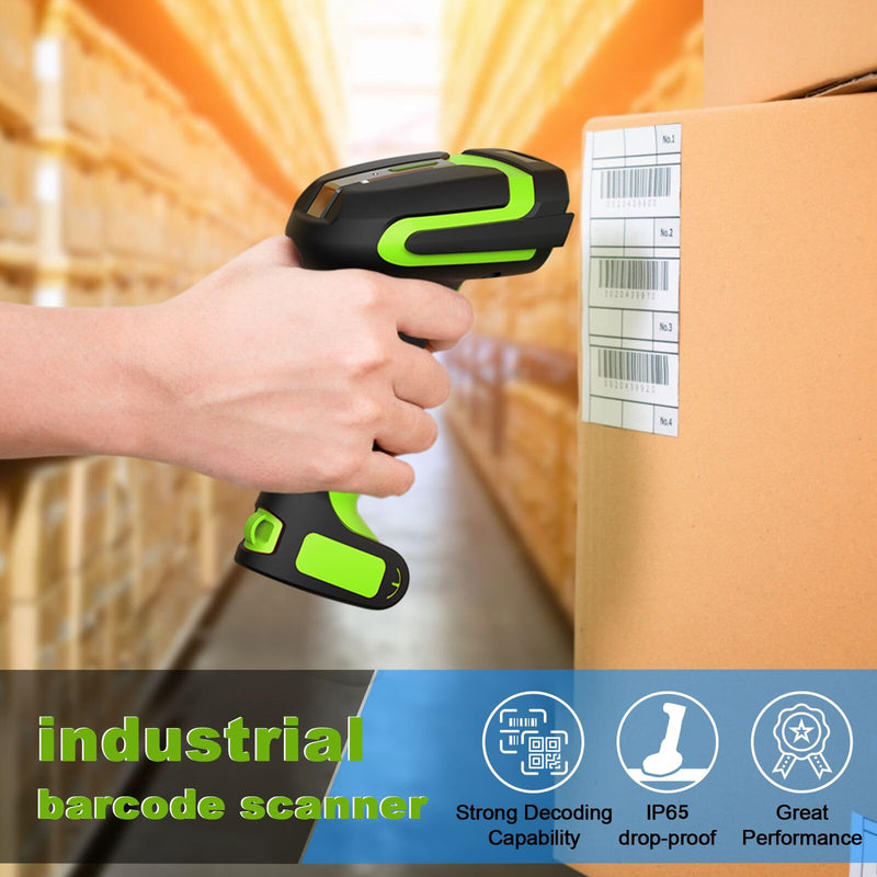 Industrial 433Mhz Wireless Barcode Scanner with Charging Cradle,IP65 Drop-Proof 2-in-1 Bluetooth and 433Mhz Barcode Reader for Laptop Desktop Tablet Android iOS,ipad LB