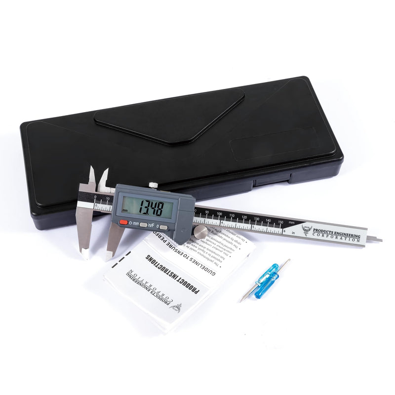 PEC Tools 6" / 150mm Digital Caliper, IP54 Electronic Caliper, ±0.02mm/0.001" Accuracy, Carbide-Tipped Faces, DIN 862 Certified Tool for OD/ID/Step/Depth Measuring IP54-6" Standard
