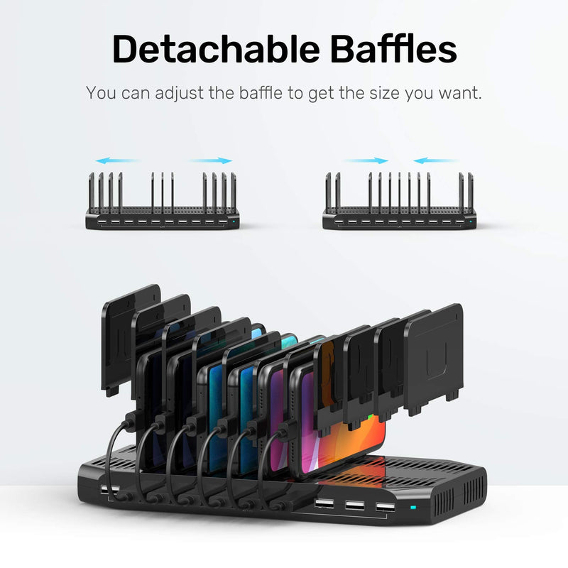 Unitek USB Charging Station, 10 USB Fast Ports Charge Docking Station and Adjustable Dividers, Multi Device Charger Organizer Compatible with iPad, iPhone, Tablet and Cell Phone 60W+10 Port, Black Pack of 1