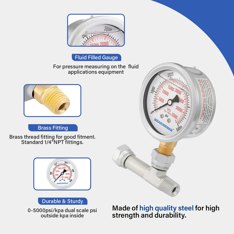 MEASUREMAN Spraying Pressure Gauge Assembly High Pressure Fluid Gauge 1/4" NPT Threads with T Fitting, 0-5000 PSI, Glycerin Filled