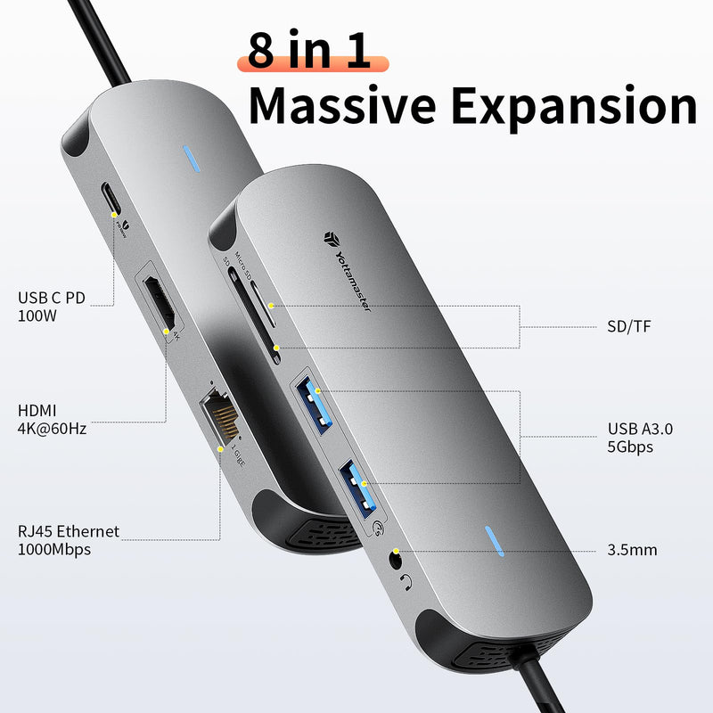 Yottamaster USB C Docking Station 4K@60Hz HDMI for MacBook/Dell/HP/Surface | 8 in 1 Laptop Dock Station with HDMI, 100W PD 3.0, 2 USB A, RJ45, SD/TF, Audio, Portable Adapter for Photography & Work 8 in 1 (With Audio Port)