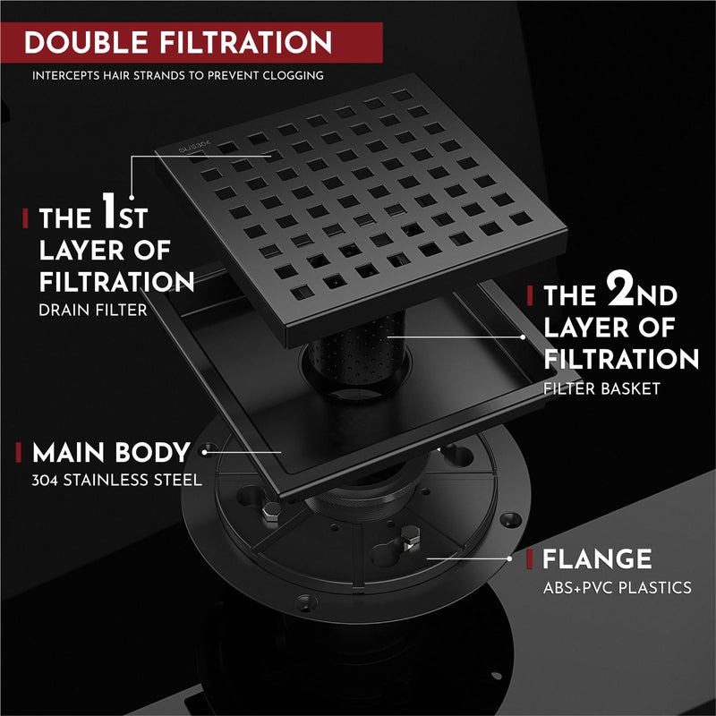 WEBANG 6 Inch Square Shower Floor Drain with Flange,Quadrato Pattern Grate Removable,Food-Grade SUS 304 Stainless Steel,Watermark&CUPC Certified,Matte Black Matte Black
