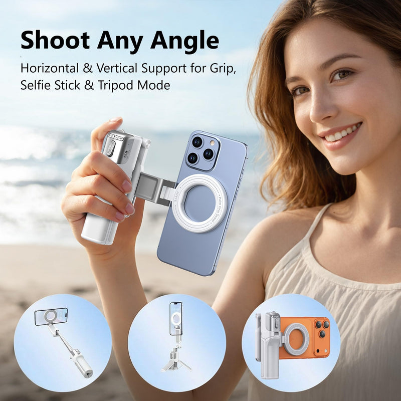 [3 in 1] Magnetic Phone Camera Shutter Grip, Extendable Selfie Stick & Tripod Portable for Magsafe iPhone & Android with Detachable Wireless Shutter Button Remote Control Ergonomic Handle - Black