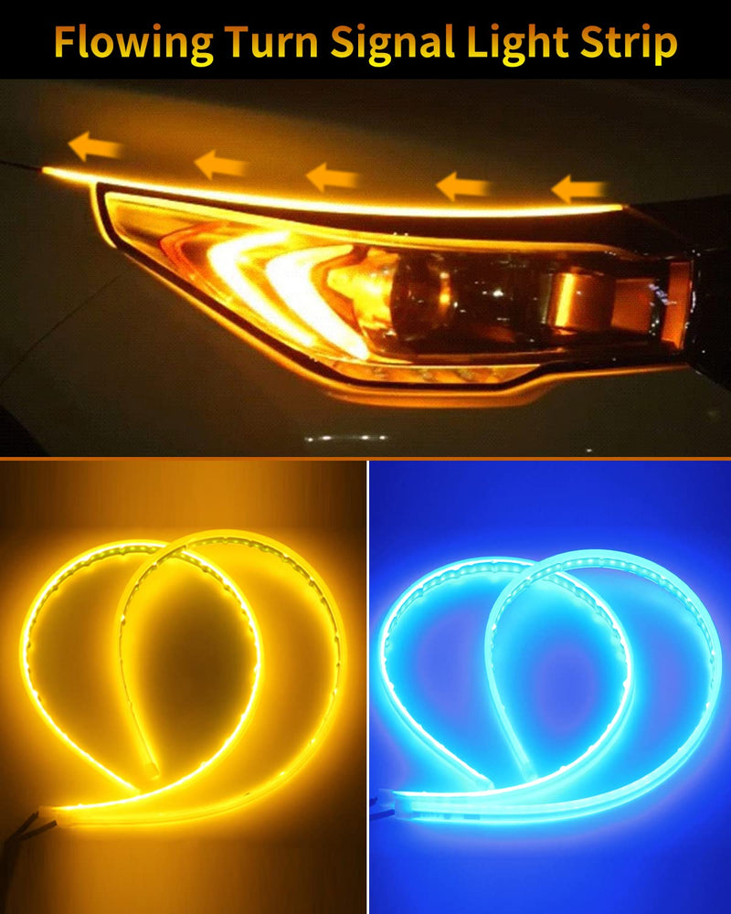 YM E-Bright DRL Led Strip Lights for Cars SUV Motorcycle Daytime Running Lights Turn Signal Bulb Sequential Switchback Led Strip Amber/Yellow & Blue (2Pcs 60CM/24 Inch) Blue/Yellow 60 CM