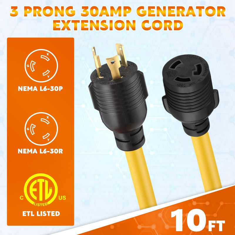 Tellegloww NEMA L6-30 Generator Extension Cord, NEMA L6-30P Male Plug to L6-30R Female Receptacle 3 Prong 30 Amp Generator Locking Power Cord, 3x12 Gauge, 250volt 7500watts Power Cable(10ft) 10FT