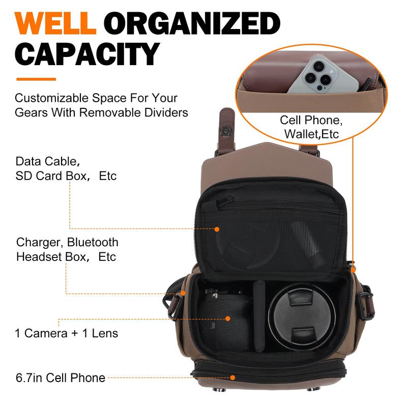 Cwatcun Compact Camera Sling Bag, Small Crossbody Case with Tripod Holder | Camera Messenger Bag, Photography Bag for Canon, Nikon, Sony, Fuji DSLR/SLR/Mirrorless, Lens.Fits 1DSLR+1lens Brown S